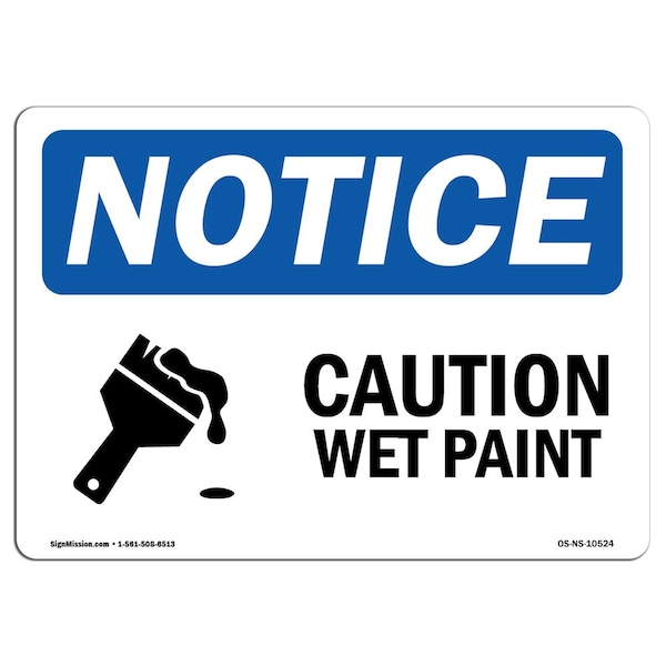Safety Sign, OSHA Notice, 3.5" Height, Caution Wet Paint Sign With Symbol, Landscape, 10PK